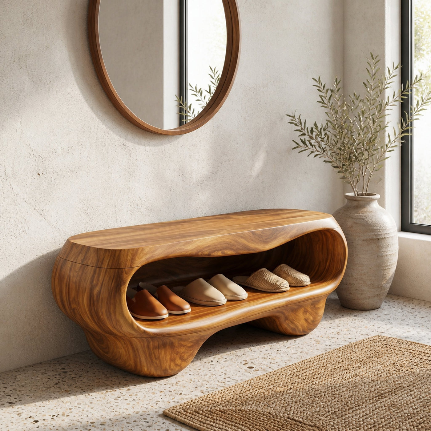 Organic Shoe Bench With Rounded Storage Shelves For Entryway - product view 6