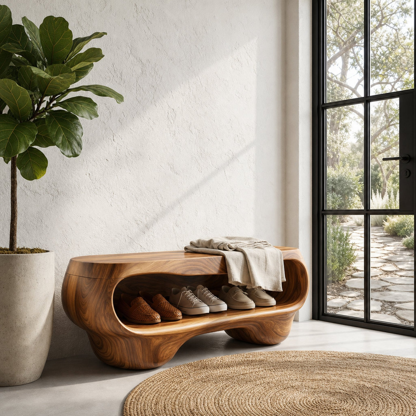 Organic Shoe Bench With Rounded Storage Shelves For Entryway - product view 7