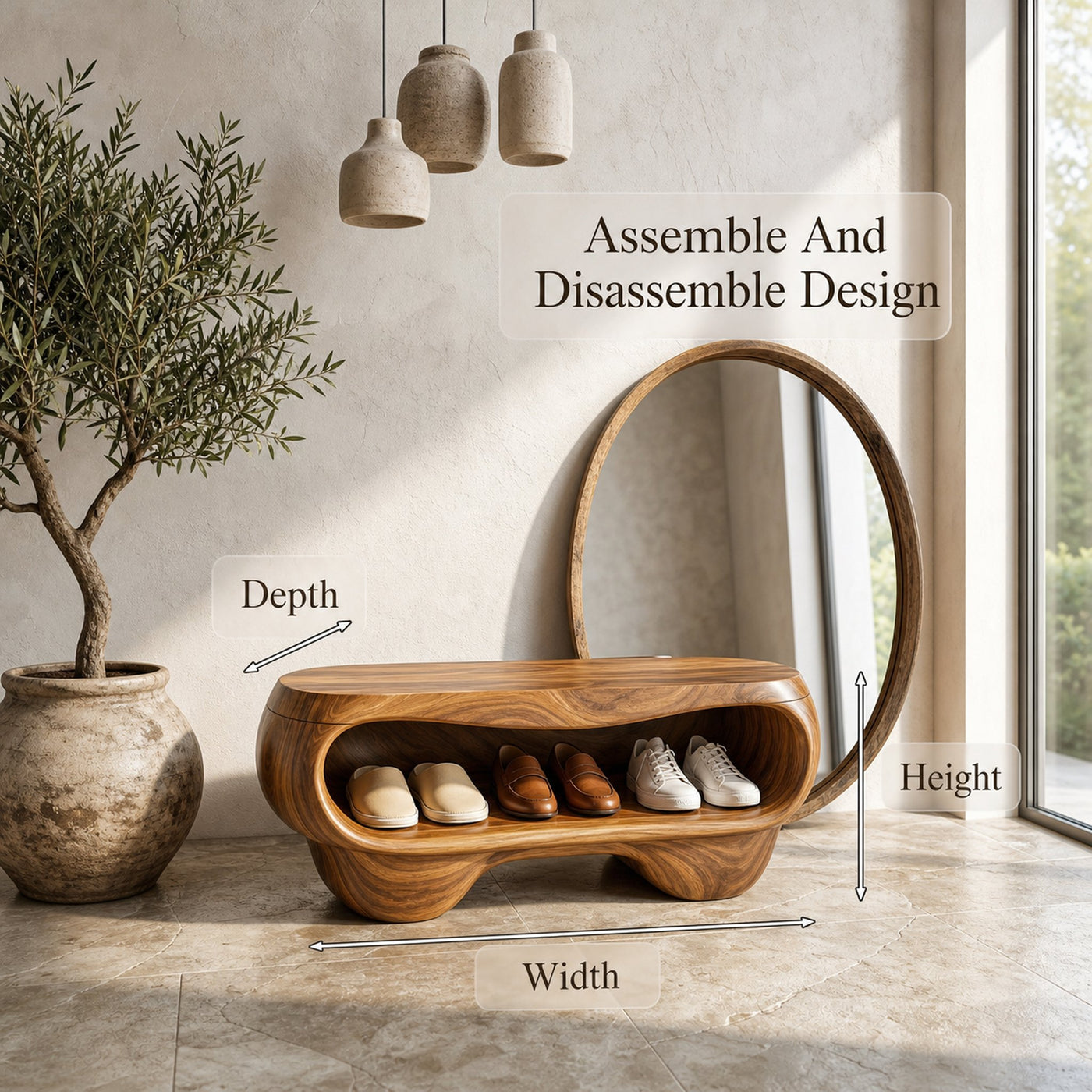 Organic Shoe Bench With Rounded Storage Shelves For Entryway - product view 8