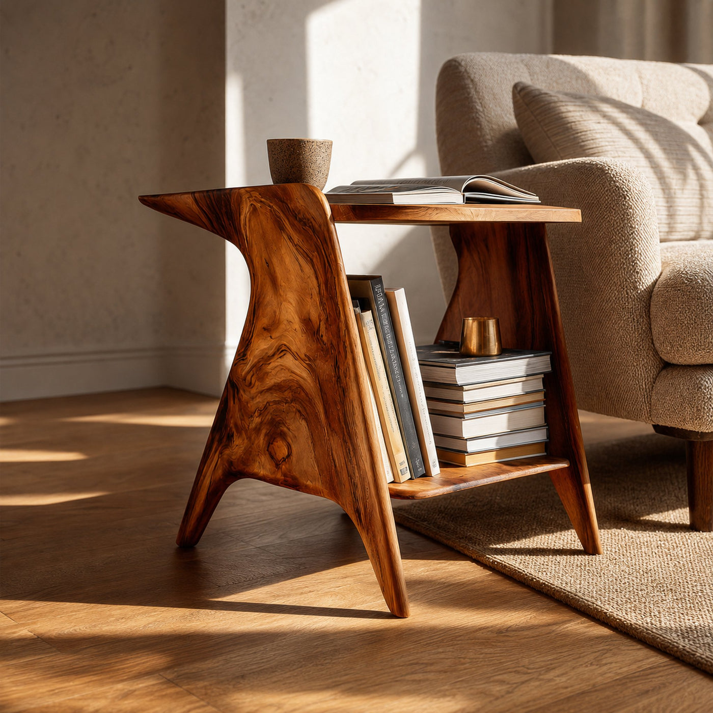 Organic Side Table With Shelf For Living Room Decor
