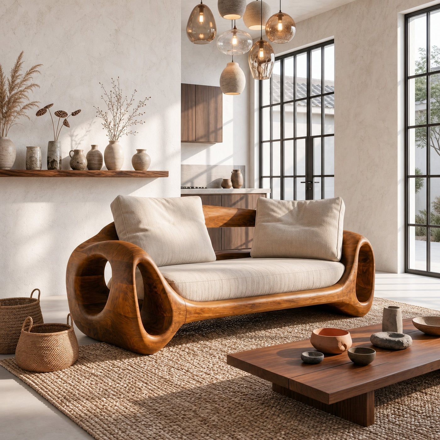 Organic Sofa Frame With Sculptural Circular Armrests For Living Room