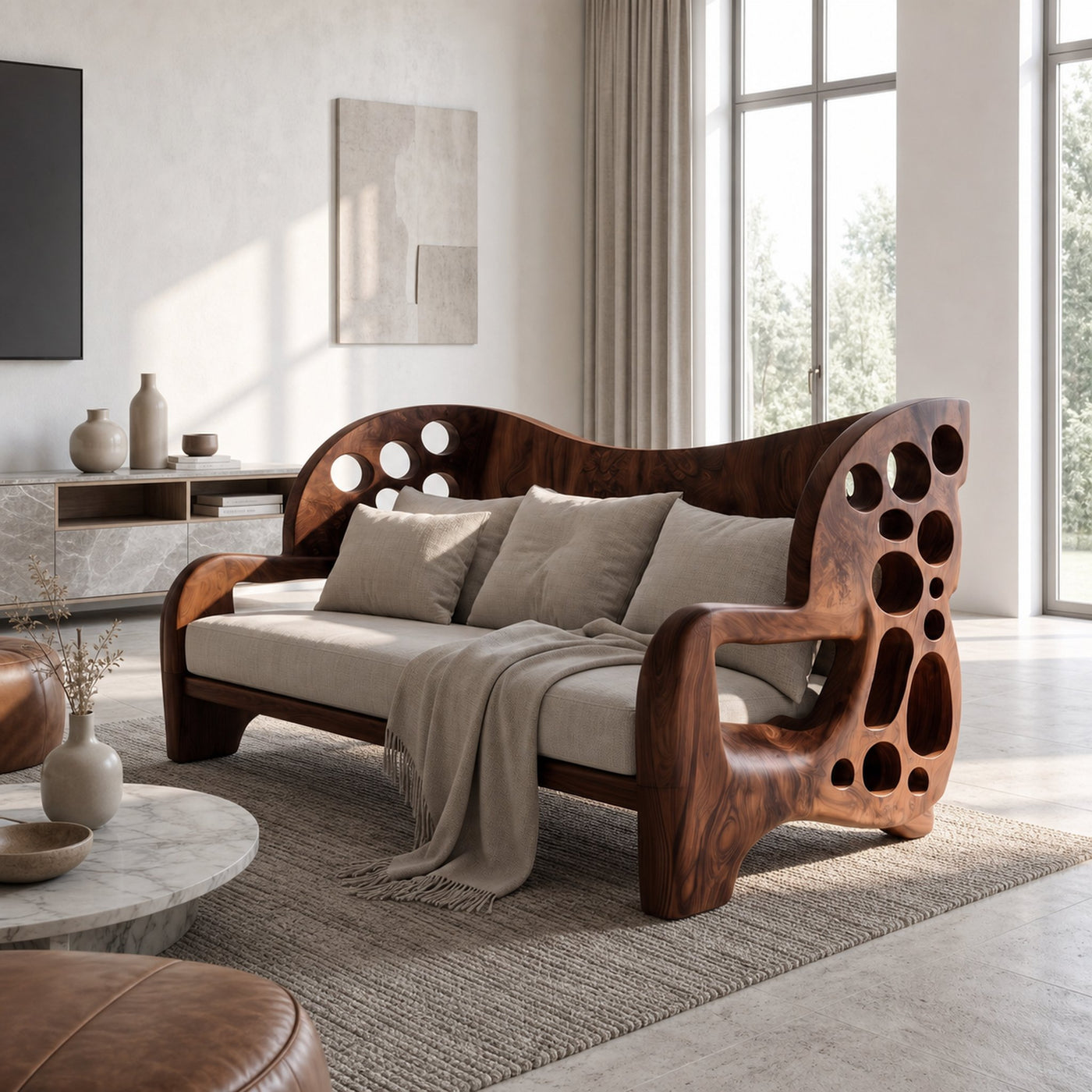 Organic Sofa Frame With Sculptural Openwork Armrests For Living Room
