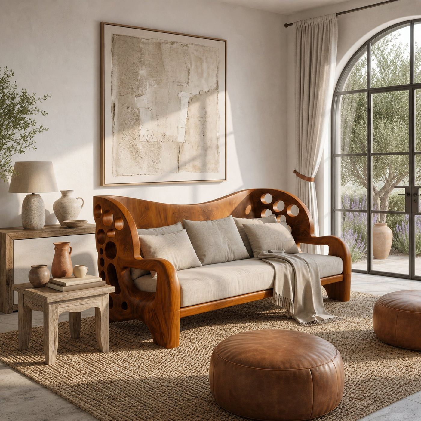 Organic Sofa Frame With Sculptural Openwork Armrests For Living Room - product view 6