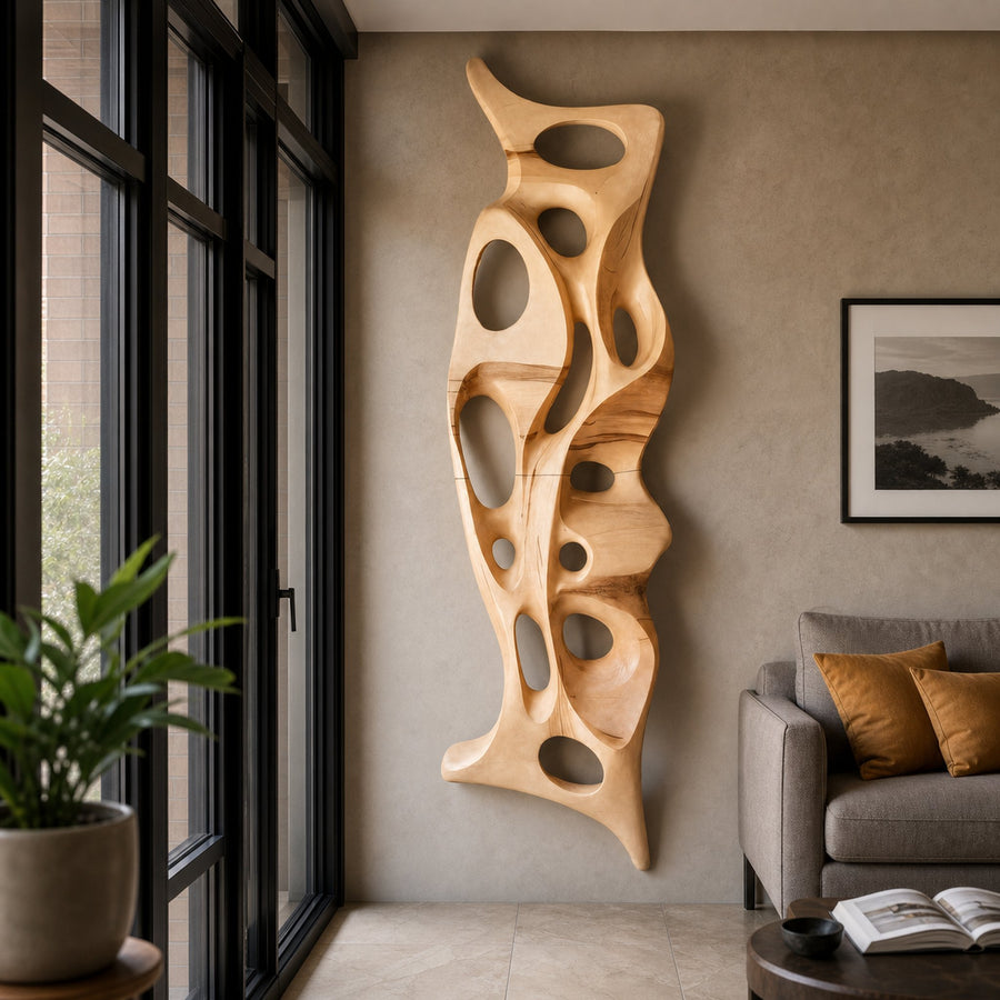 Organic Wall Sculpture Shelf Carved Display Piece For Living Room And Hallway