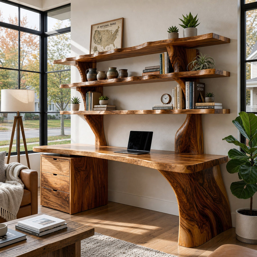 Organic Wood Desk With 3-Tier Integrated Bookshelf For Study Room