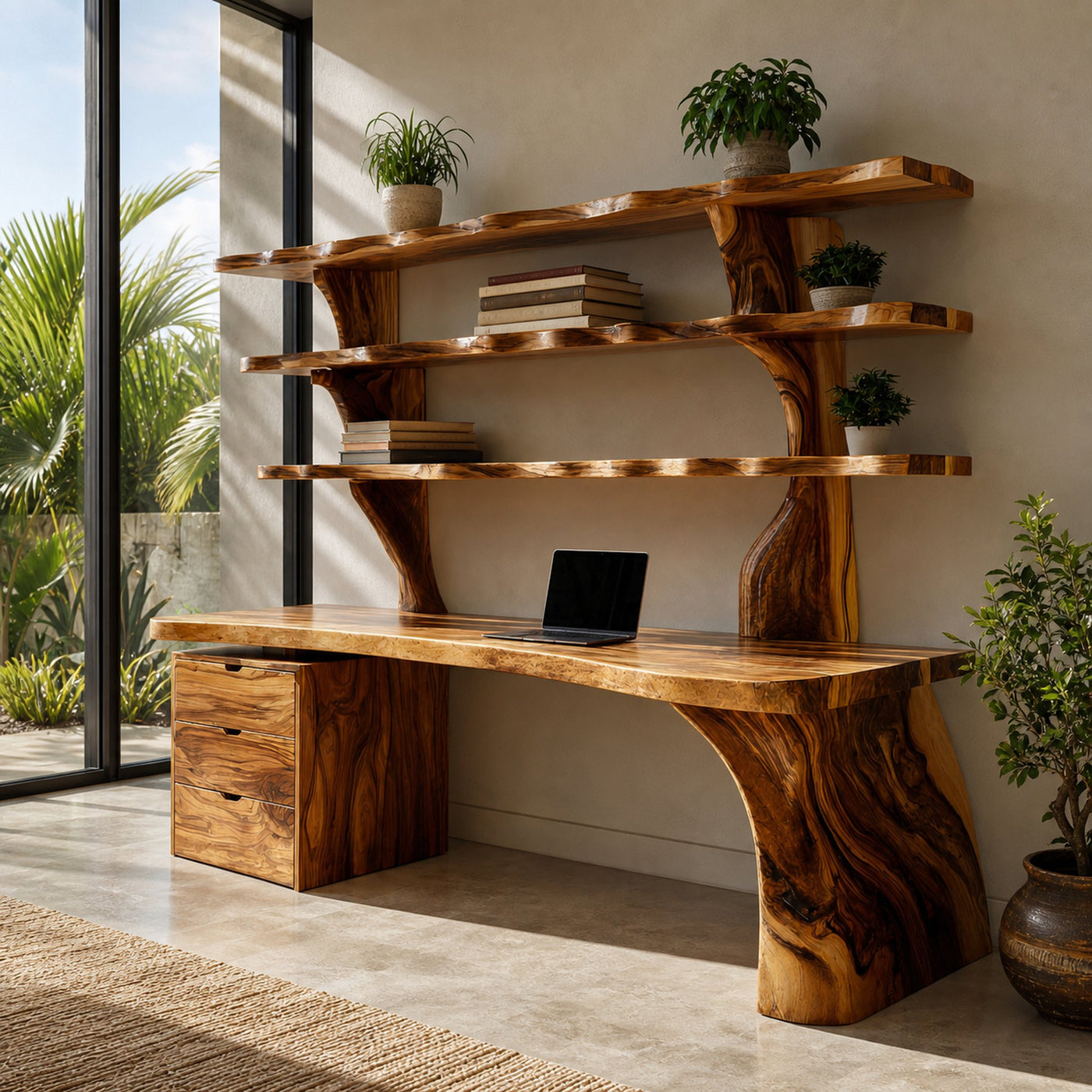 Organic Wood Desk With 3-Tier Integrated Bookshelf For Study Room - product view 6