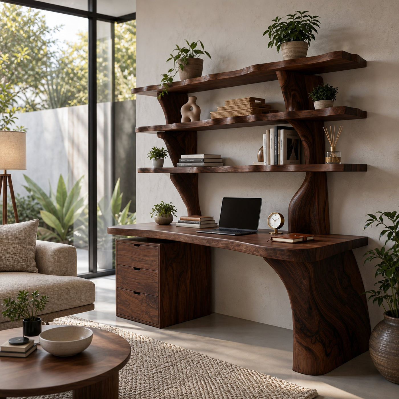 Organic Wood Desk With 3-Tier Integrated Bookshelf For Study Room - product view 7
