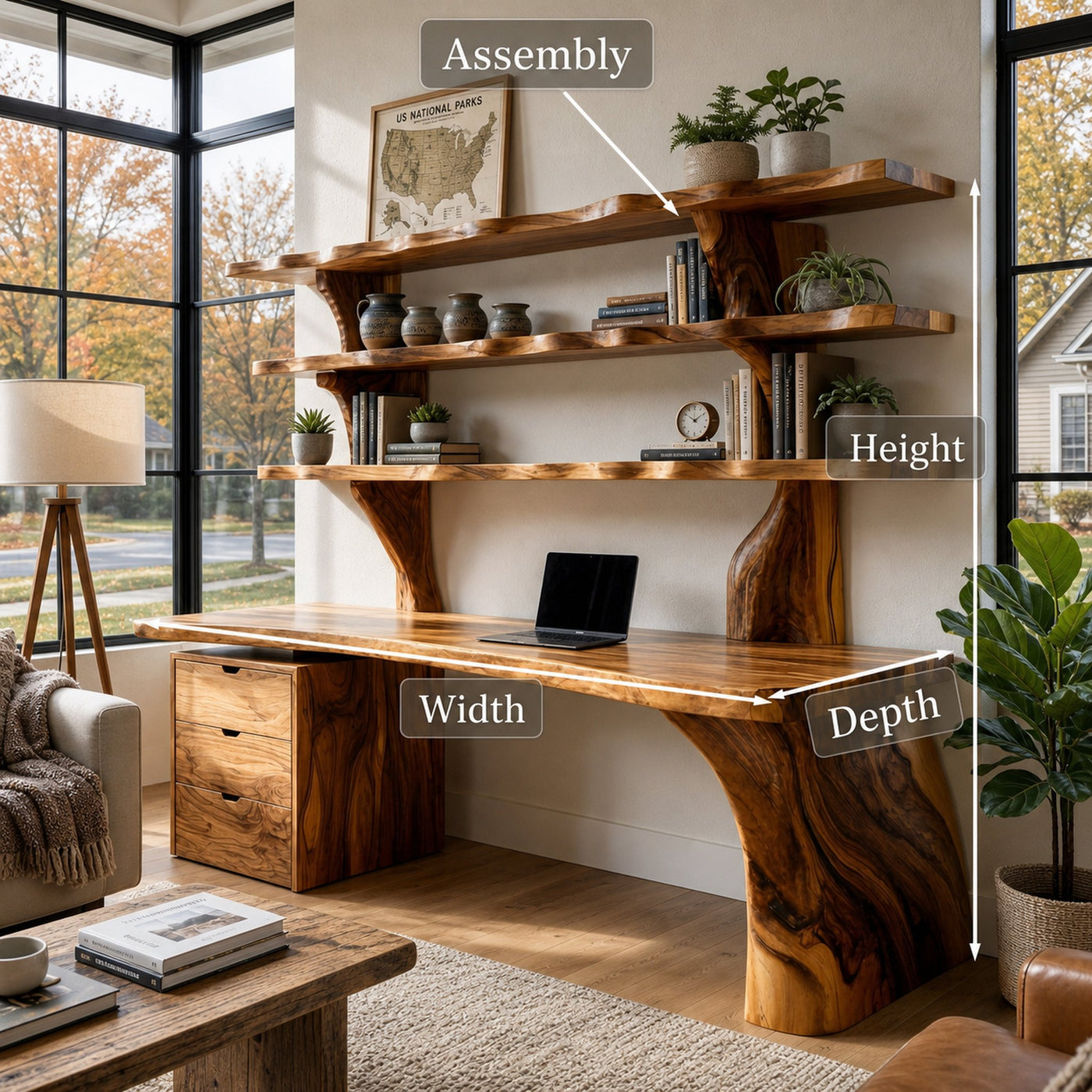 Organic Wood Desk With 3-Tier Integrated Bookshelf For Study Room - product view 8