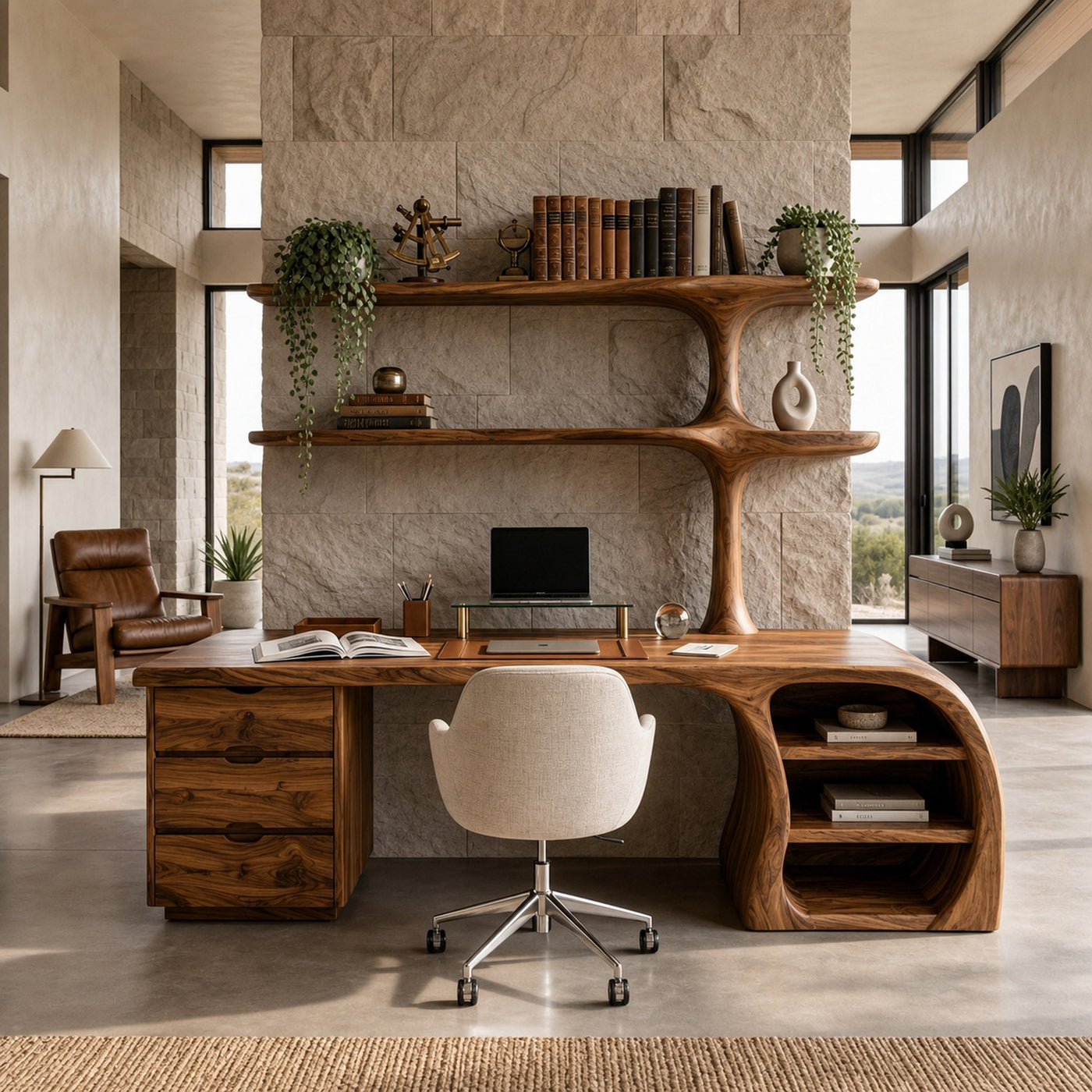 Organic Wood Desk With Sculptural Open Shelves For Home Workspace