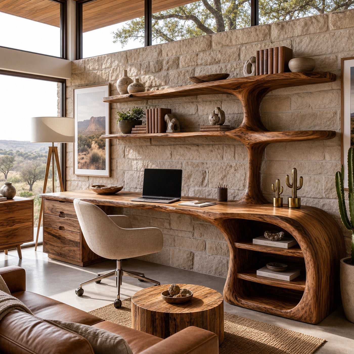 Organic Wood Desk With Sculptural Open Shelves For Home Workspace - product view 6