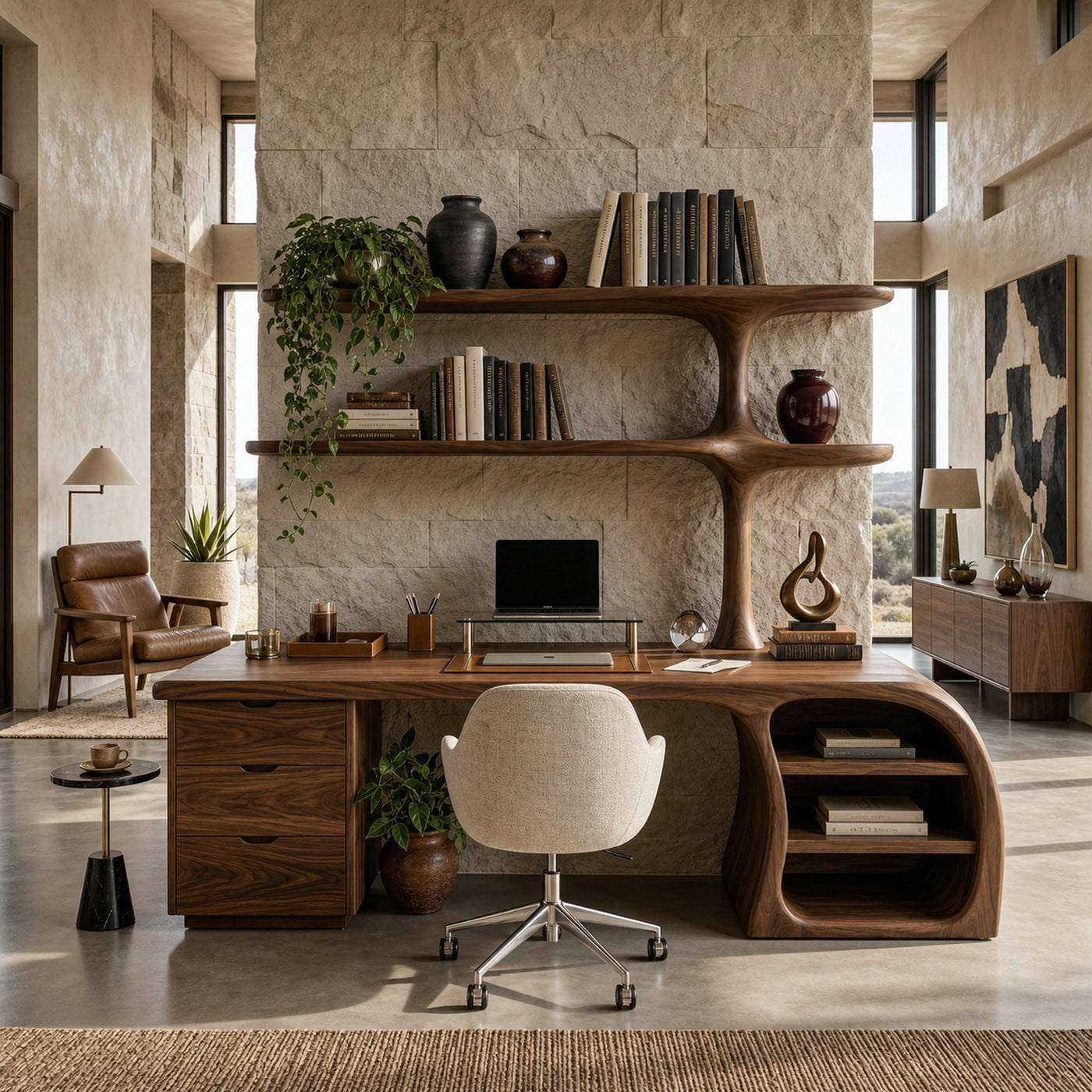 Organic Wood Desk With Sculptural Open Shelves For Home Workspace - product view 7