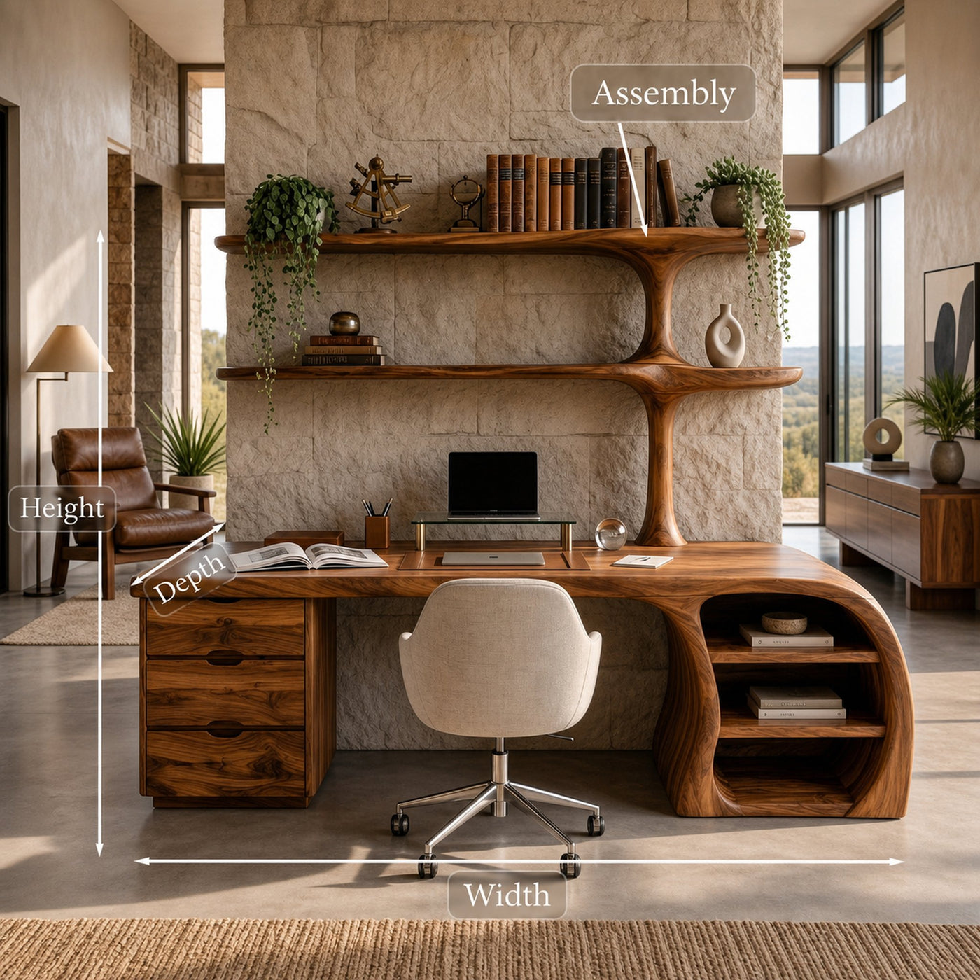 Organic Wood Desk With Sculptural Open Shelves For Home Workspace - product view 8