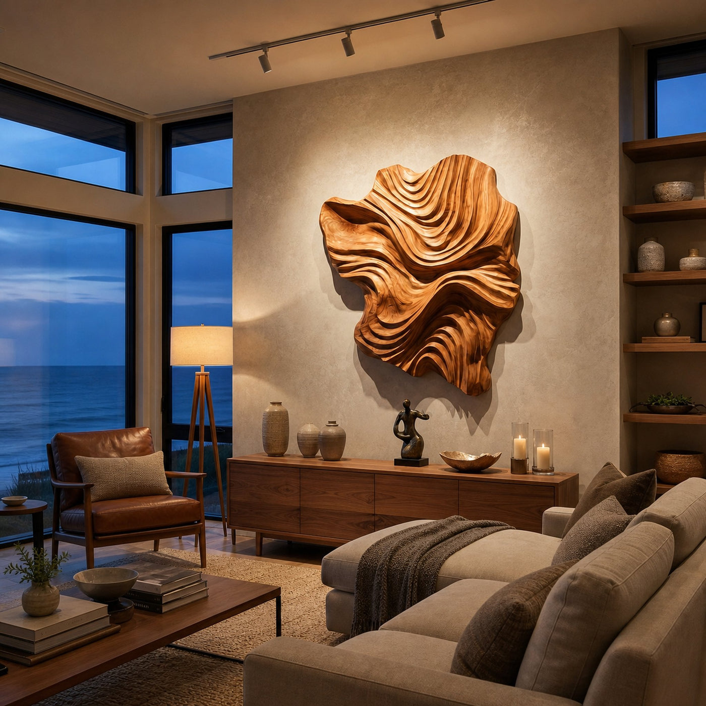 Organic Wood Wall Art Wave Design For Luxury Living Room