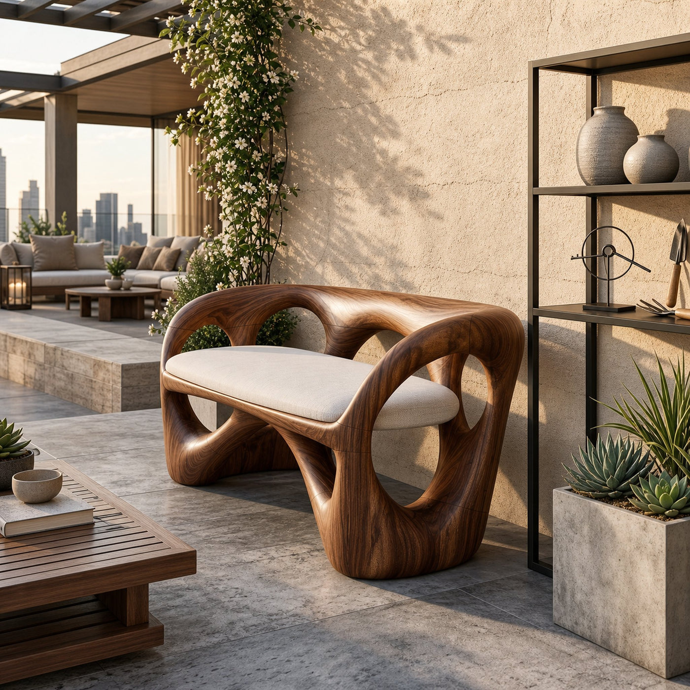 Organic Wooden Bench Contemporary Sunroom