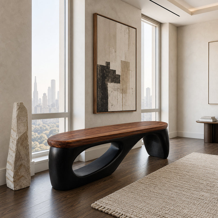 Organic Wooden Bench With Curved Black Base For Home