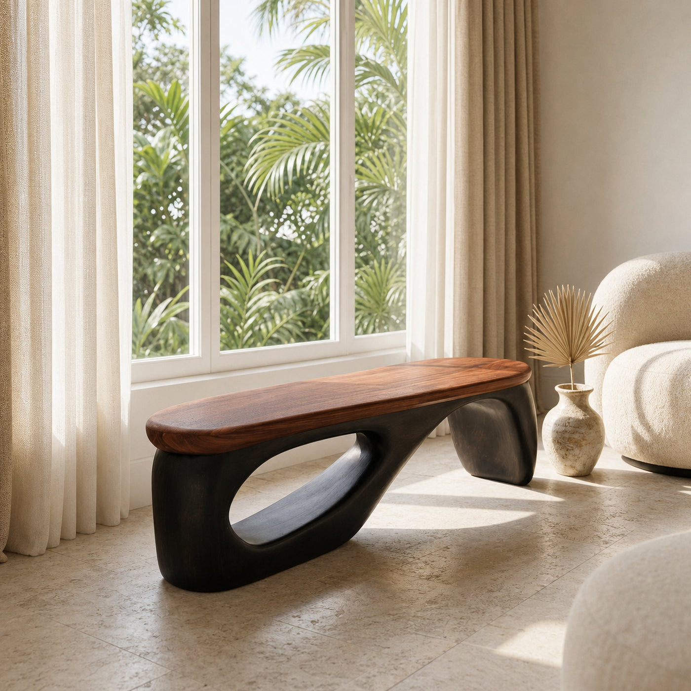 Organic Wooden Bench With Curved Black Base For Home - product view 6