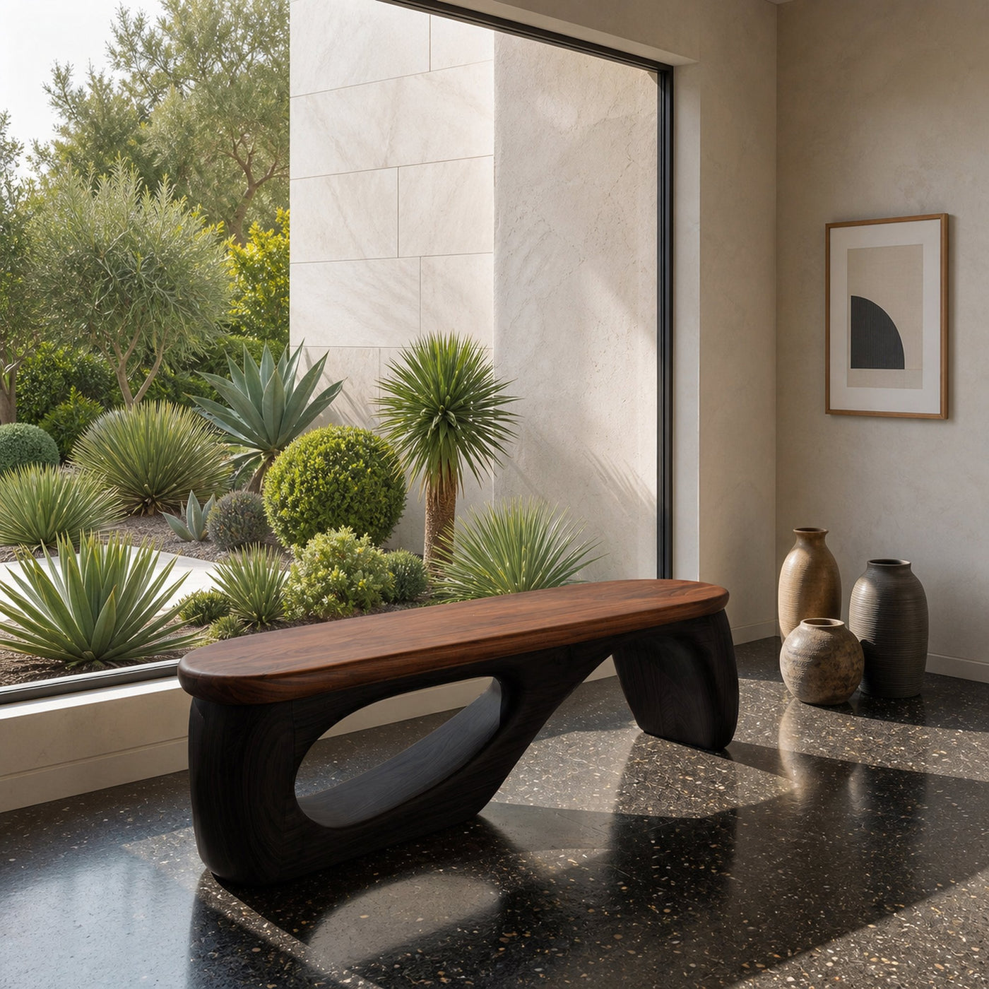 Organic Wooden Bench With Curved Black Base For Home - product view 7