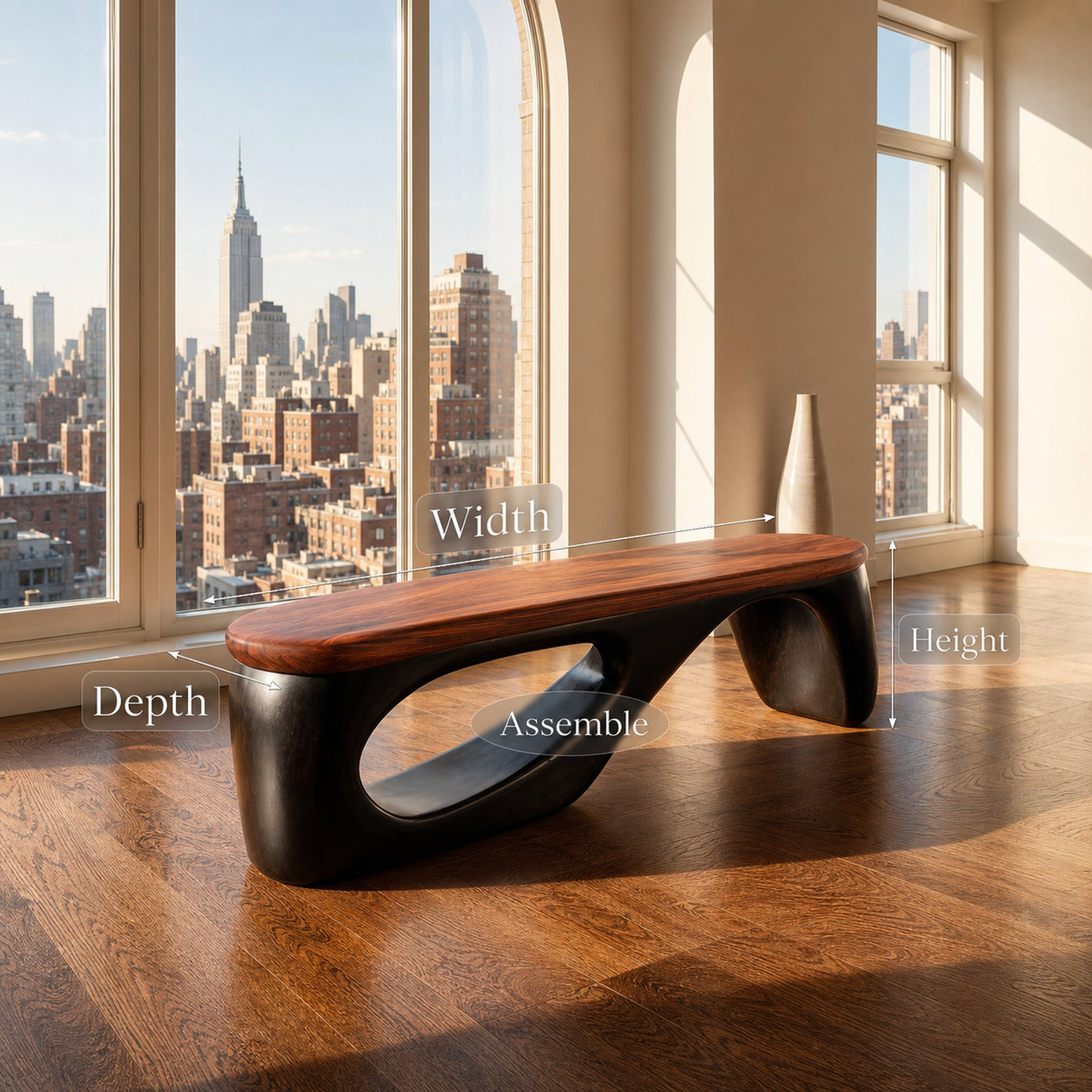 Organic Wooden Bench With Curved Black Base For Home - product view 8