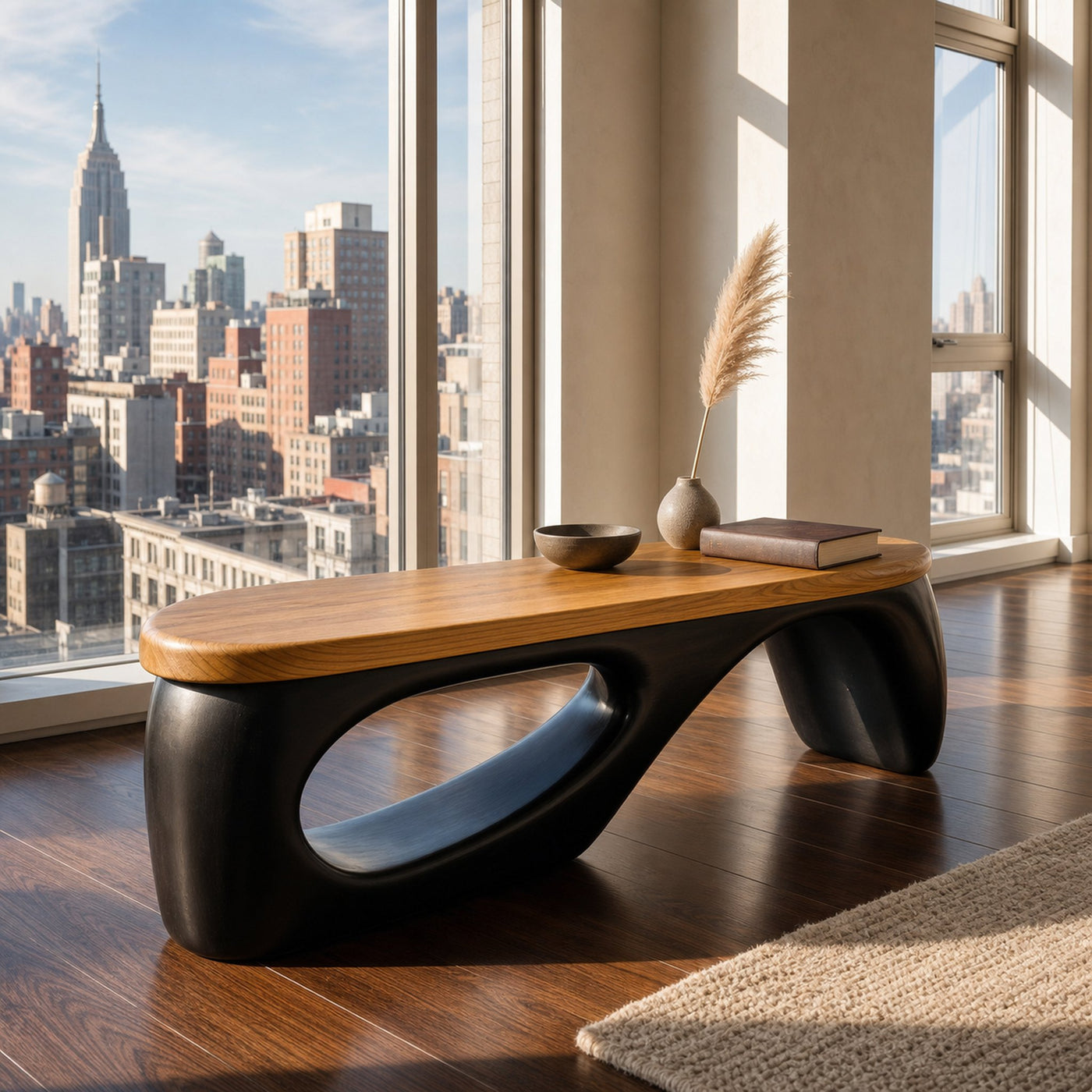 Organic Wooden Bench With Curved Black Base For Home - product view 10