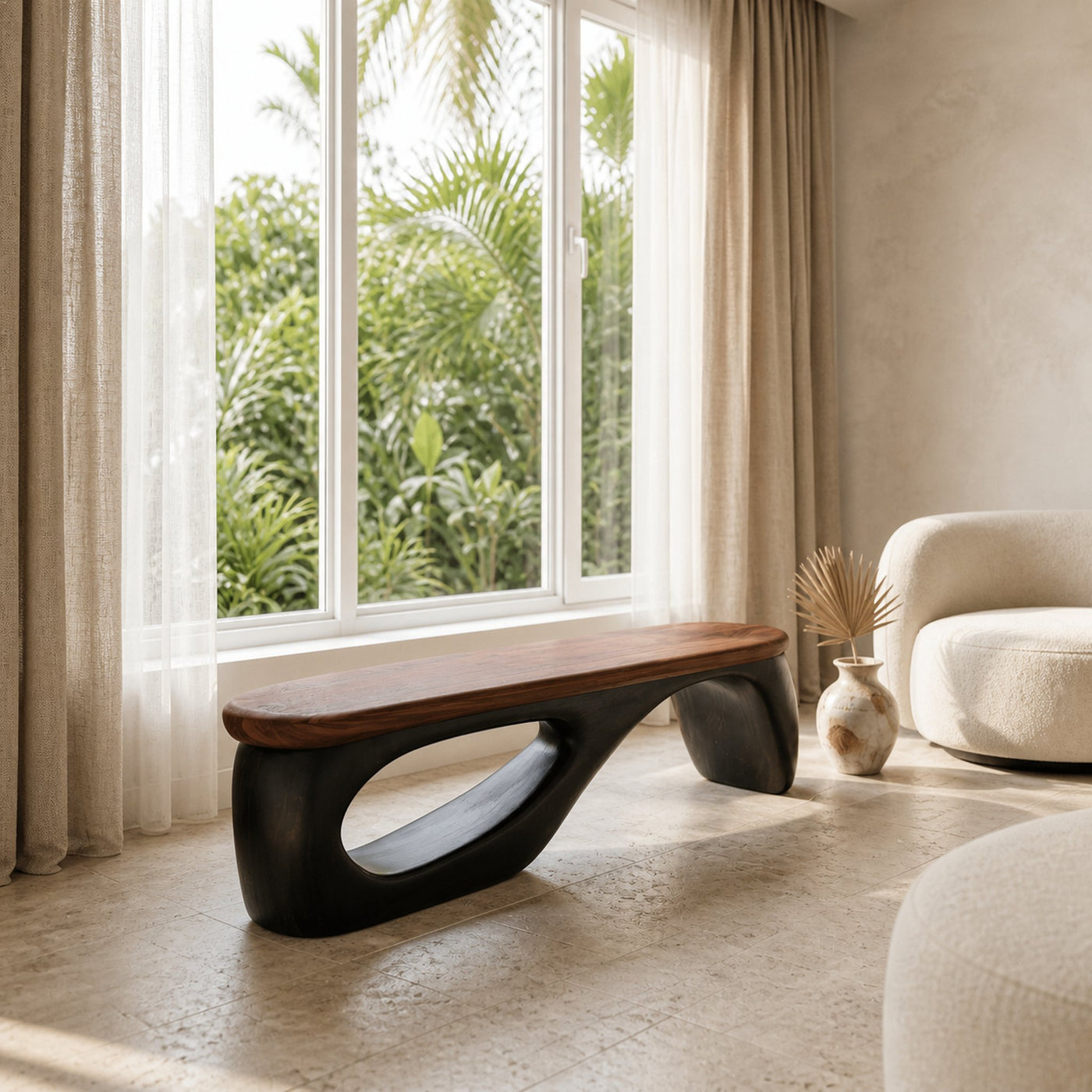 Organic Wooden Bench With Curved Black Base For Home - product view 11