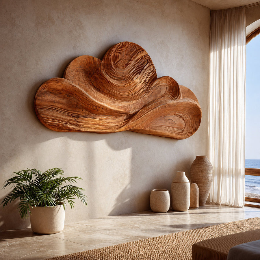 Organic Wooden Cloud Wall Art For Japandi Interior