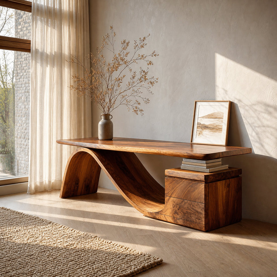 Organic Wooden Desk With Undulating Base For Home Office