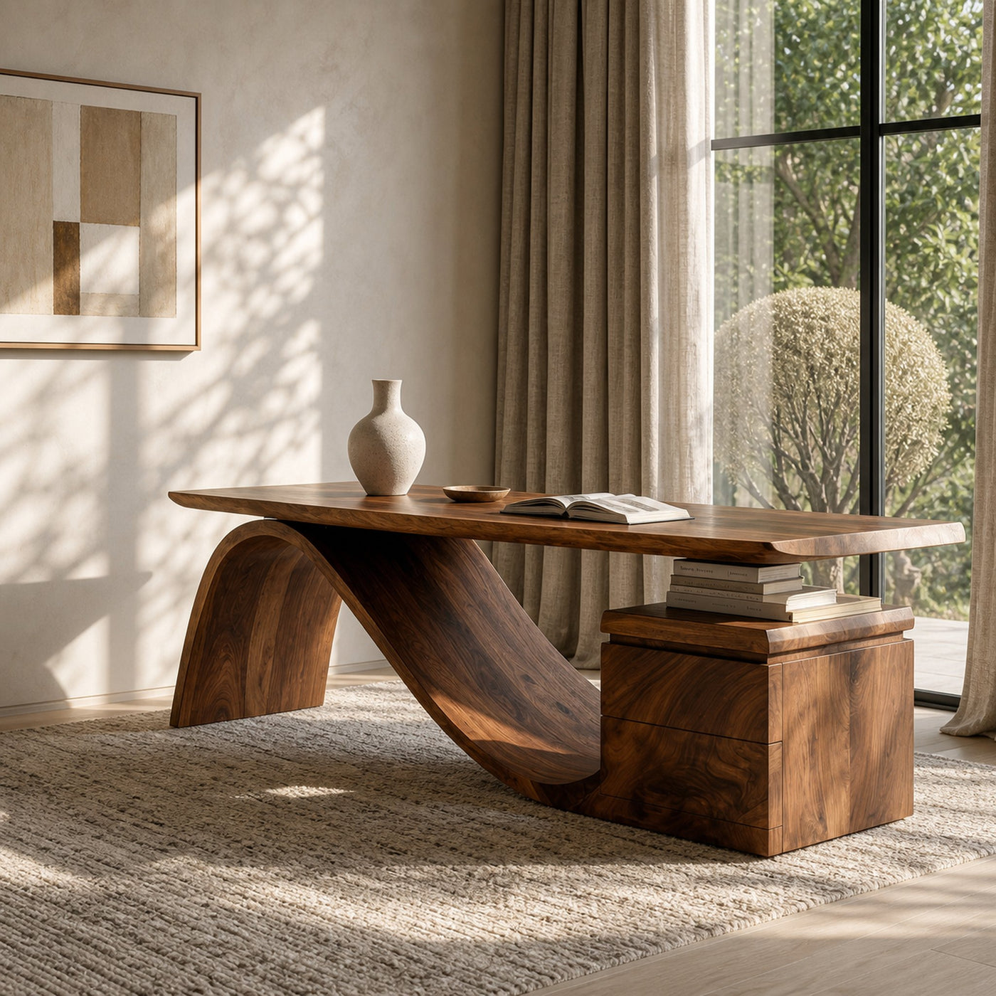 Organic Wooden Desk With Undulating Base For Home Office - product view 6