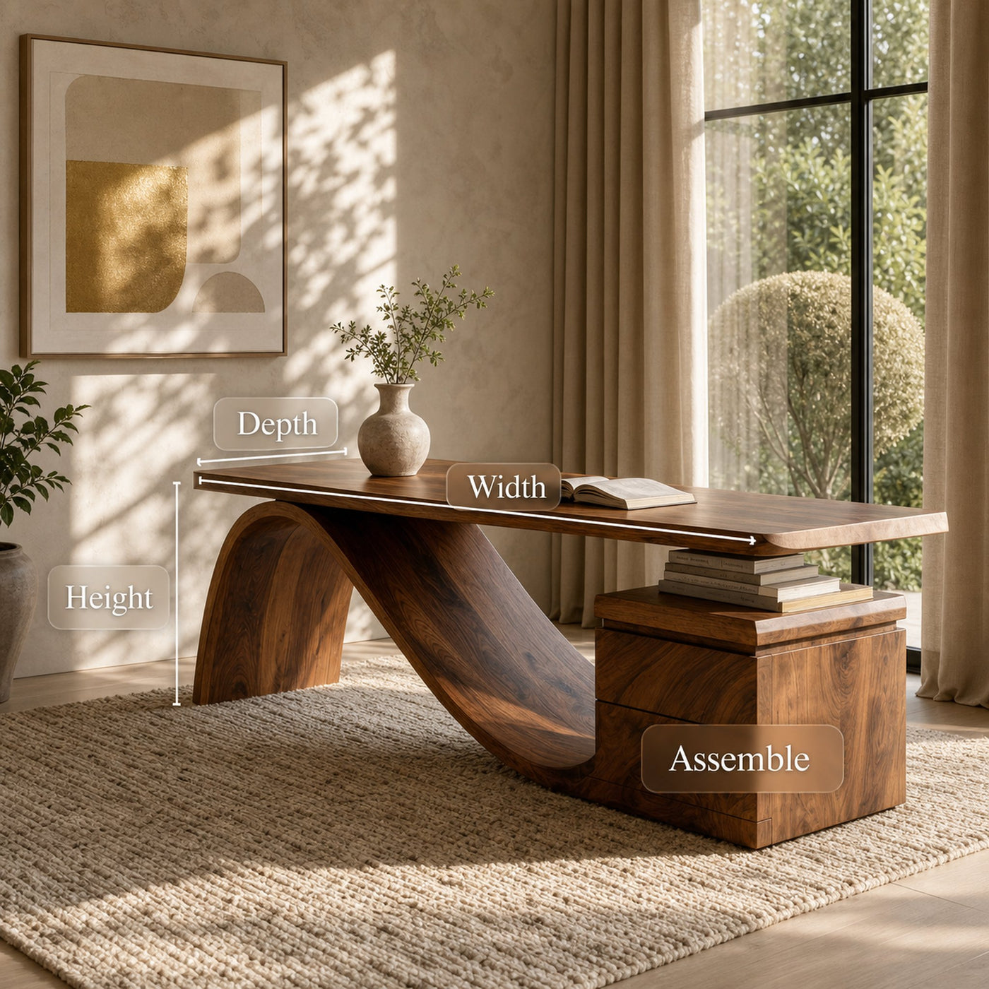 Organic Wooden Desk With Undulating Base For Home Office - product view 8