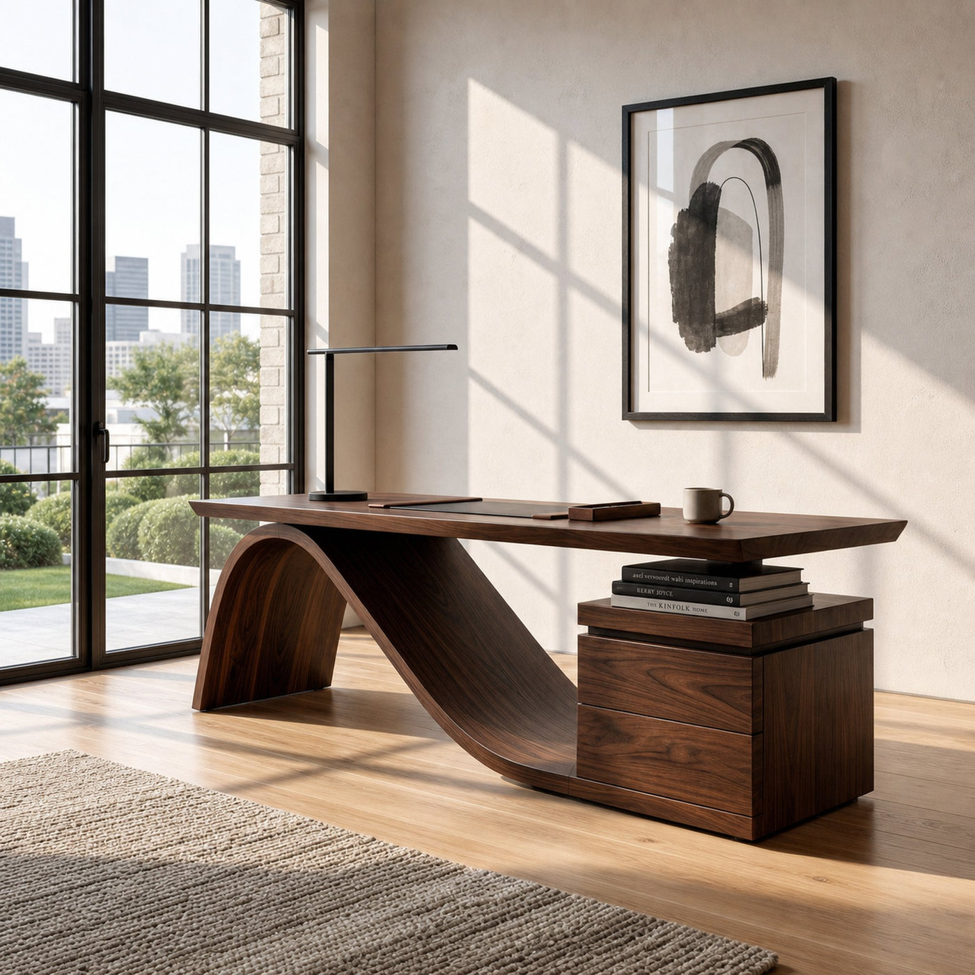 Organic Wooden Desk With Undulating Base For Home Office - product view 10