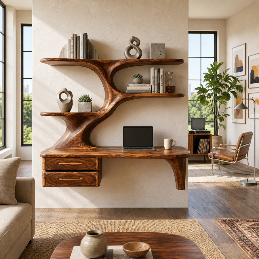 Organic Wooden Floating Desk With Branch Bookshelves For Home Office