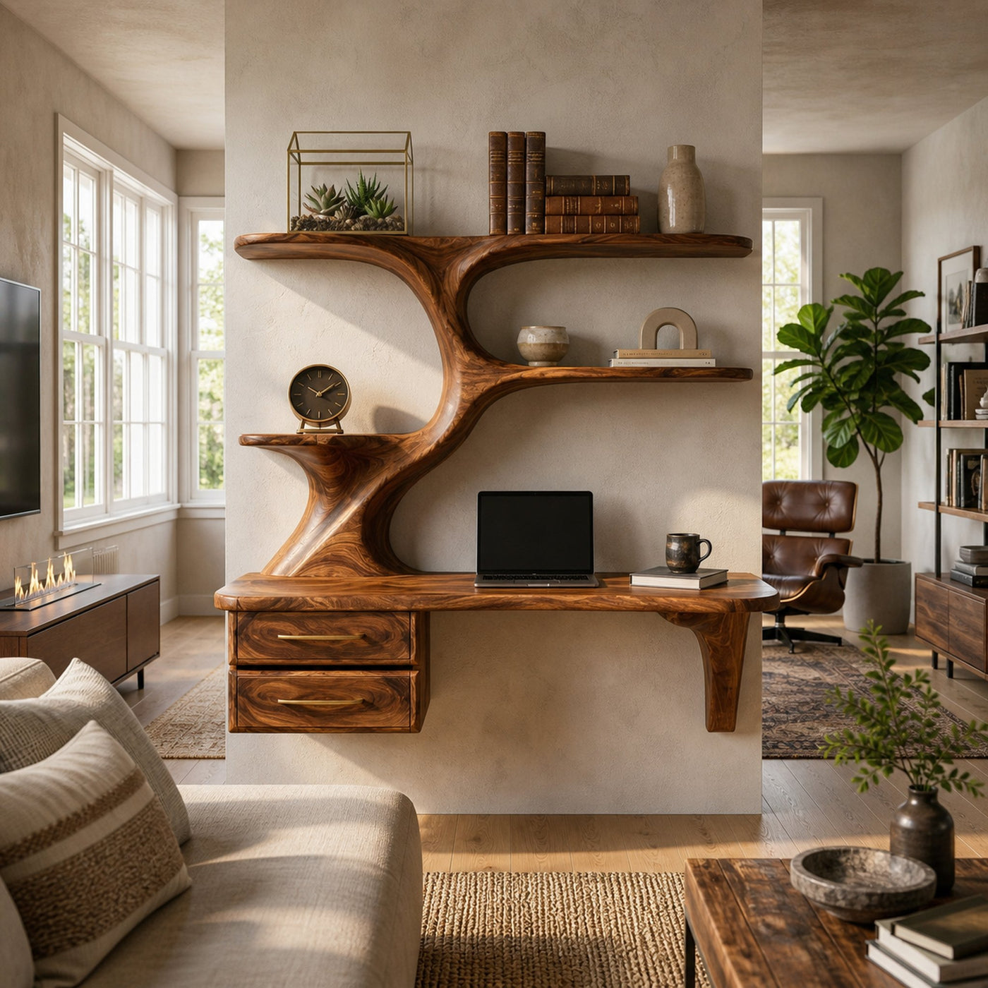 Organic Wooden Floating Desk With Branch Bookshelves For Home Office - product view 6