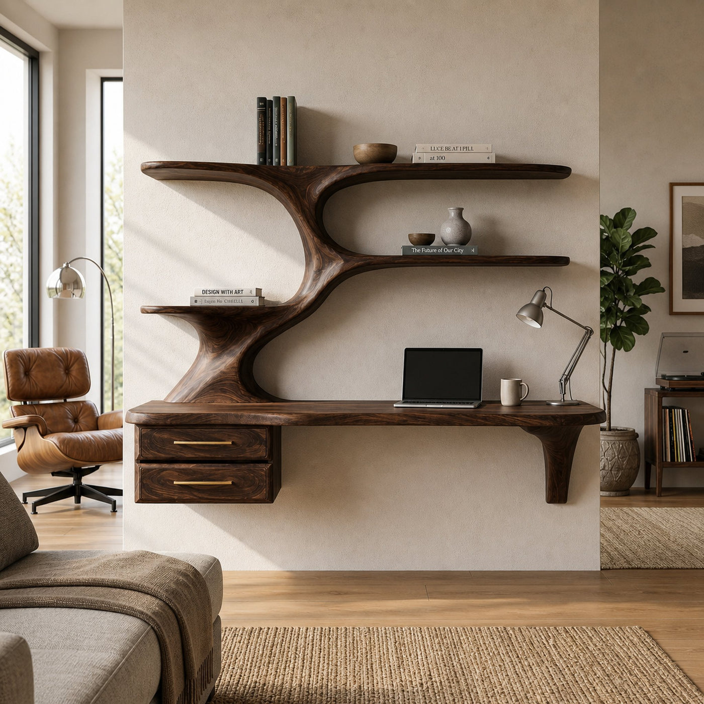 Organic Wooden Floating Desk With Branch Bookshelves For Home Office - product view 7