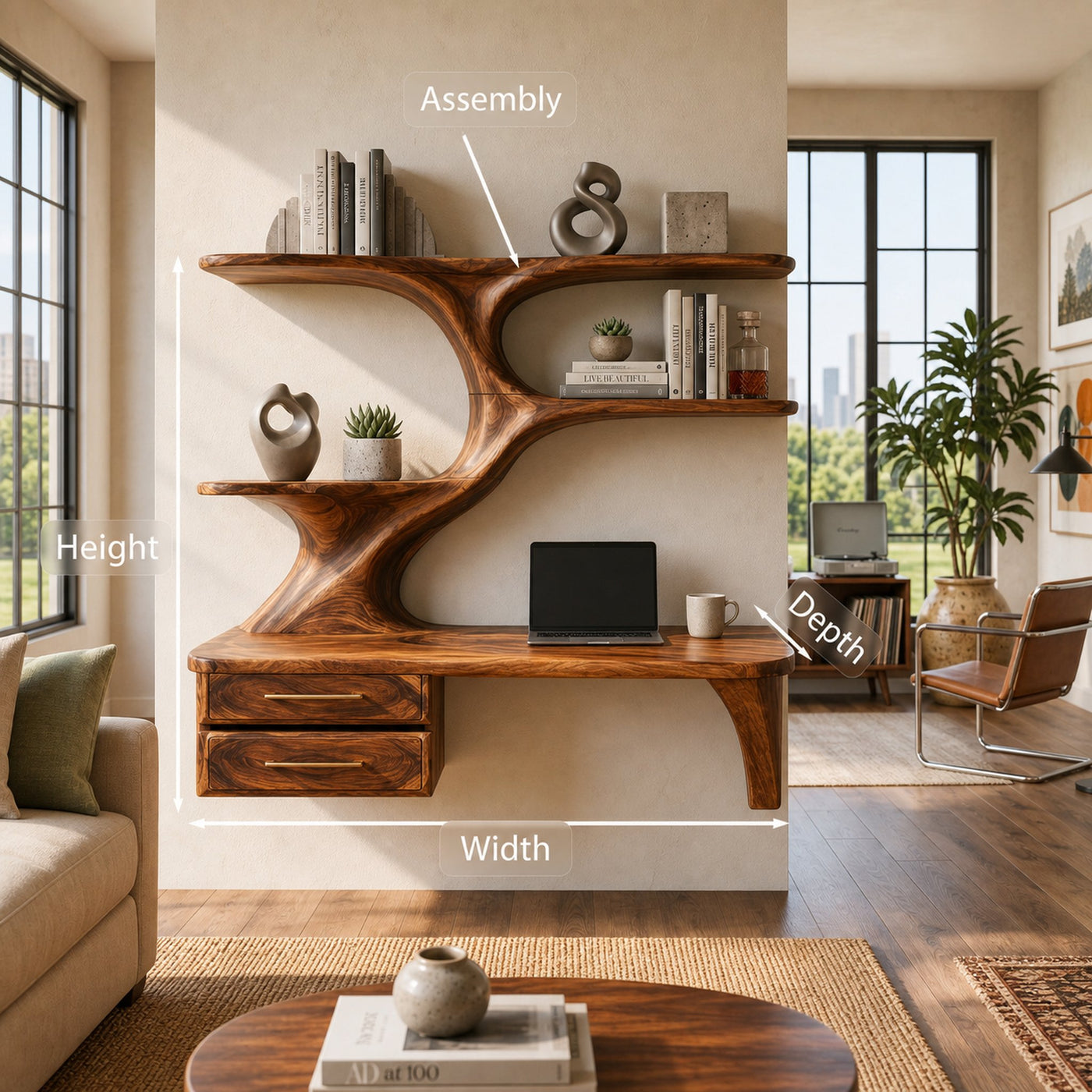 Organic Wooden Floating Desk With Branch Bookshelves For Home Office - product view 8