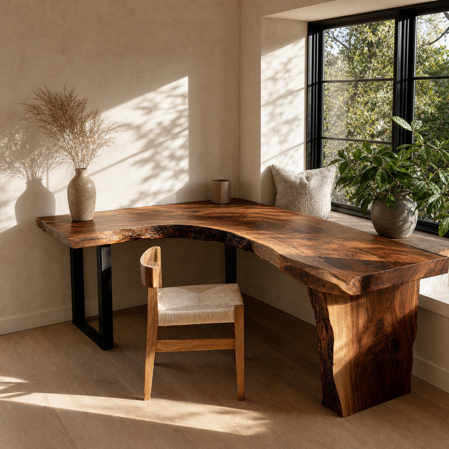 Organic Wooden L Desk With Live Edges For Minimalist Workspace