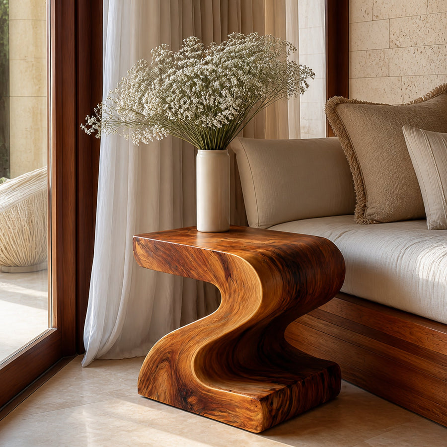 Organic Wooden Nightstand With S-shape For Bedroom Decor