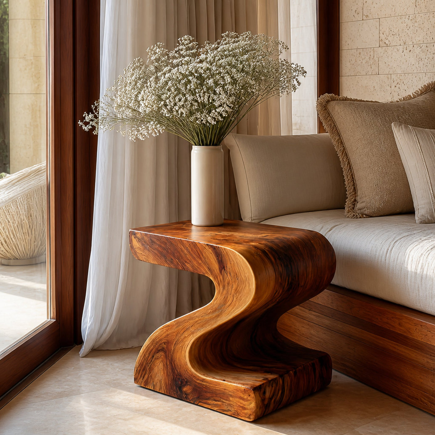 Organic Wooden Nightstand With S-shape For Bedroom Decor