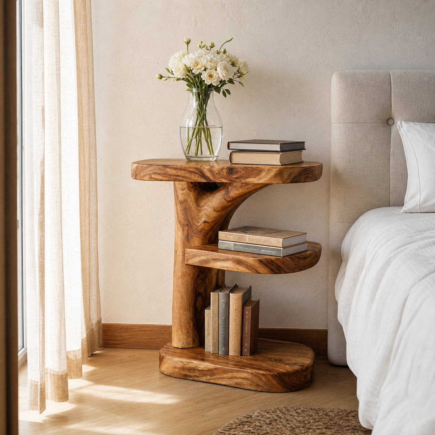 Organic Wooden Nightstand With Storage Shelf For Bedroom