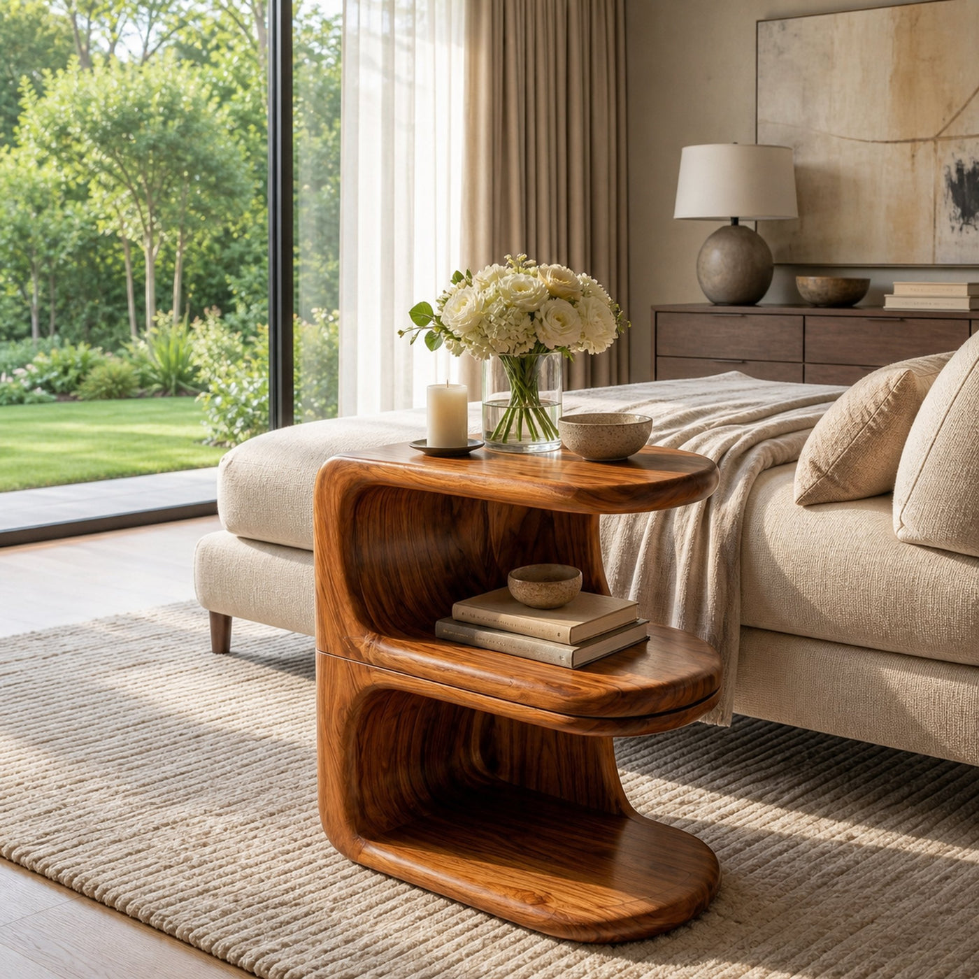 Organic Wooden Nightstand With Unique E-shape For Bedroom - product view 6
