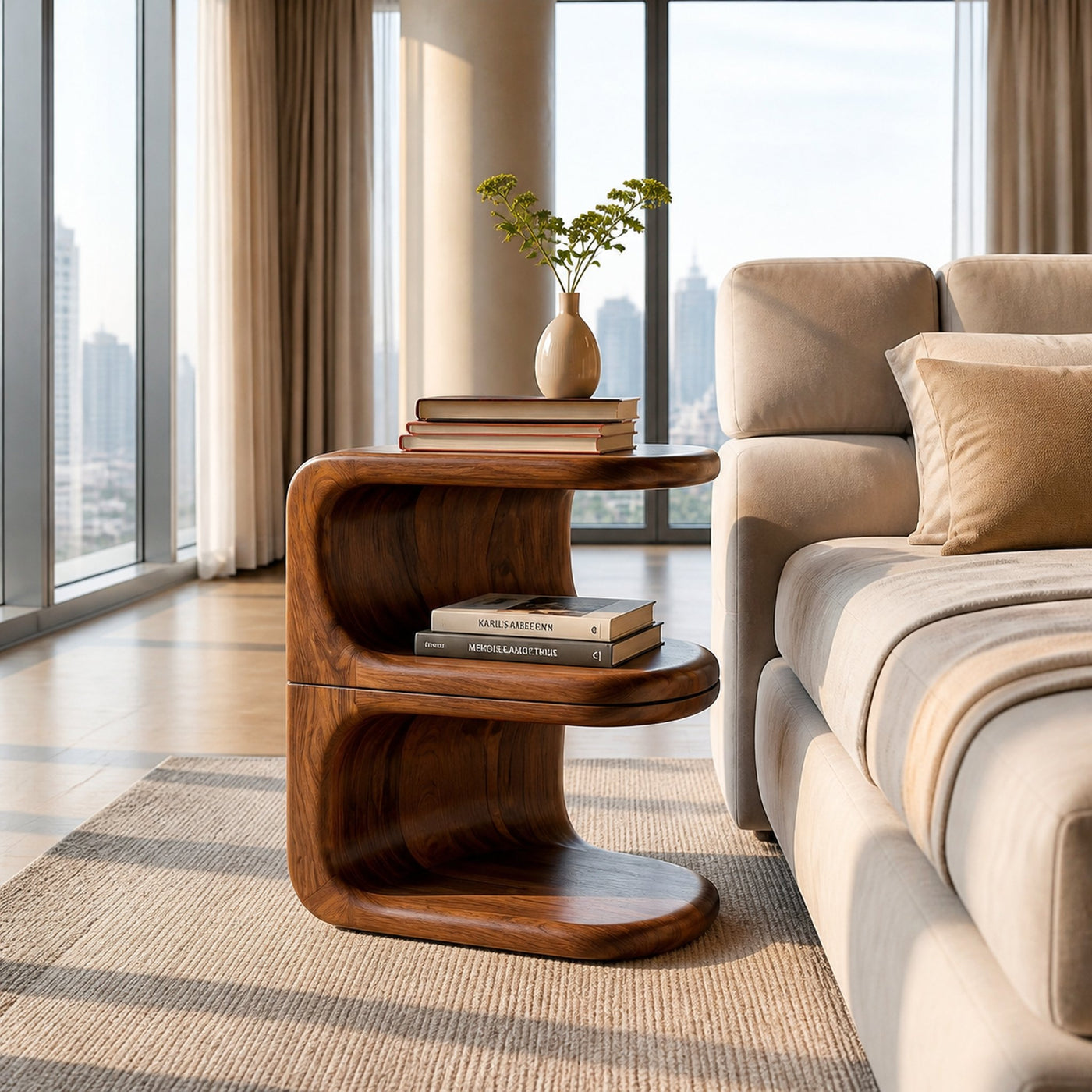 Organic Wooden Nightstand With Unique E-shape For Bedroom - product view 7