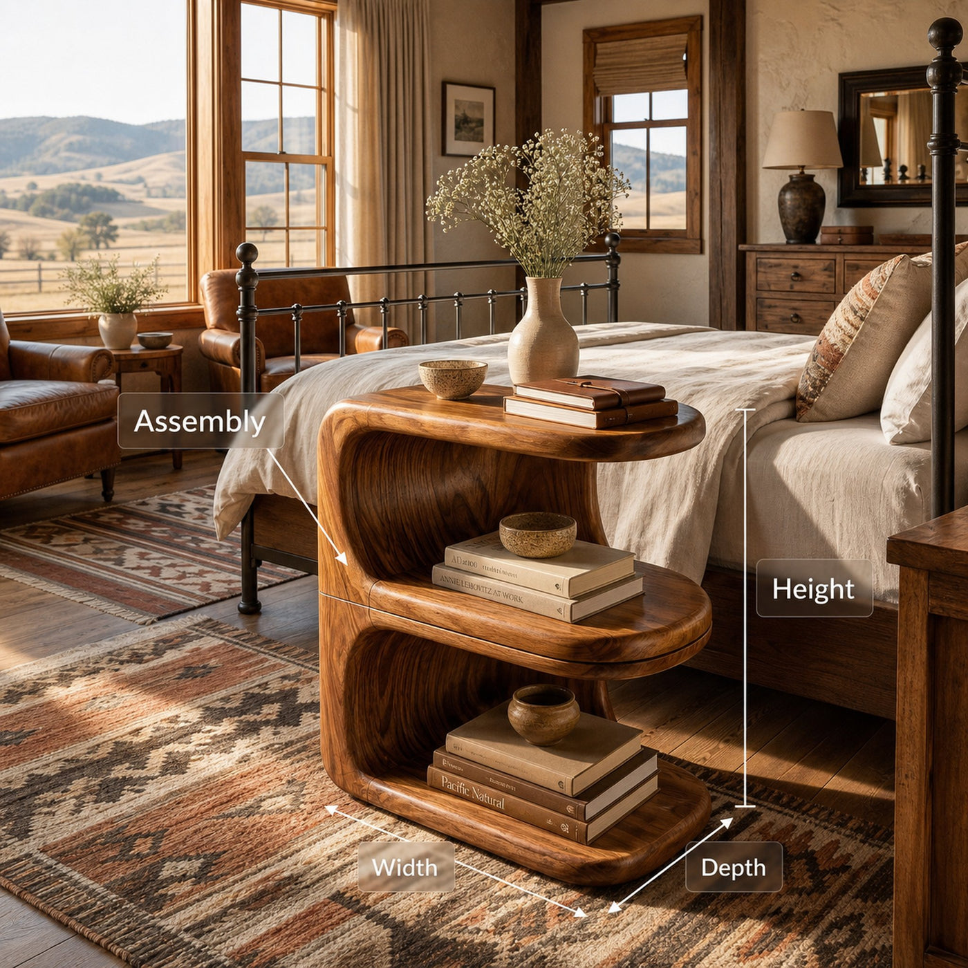 Organic Wooden Nightstand With Unique E-shape For Bedroom - product view 8