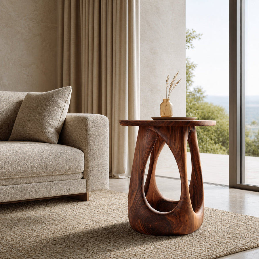 Organic Wooden Open Arch Side Table For Living Room