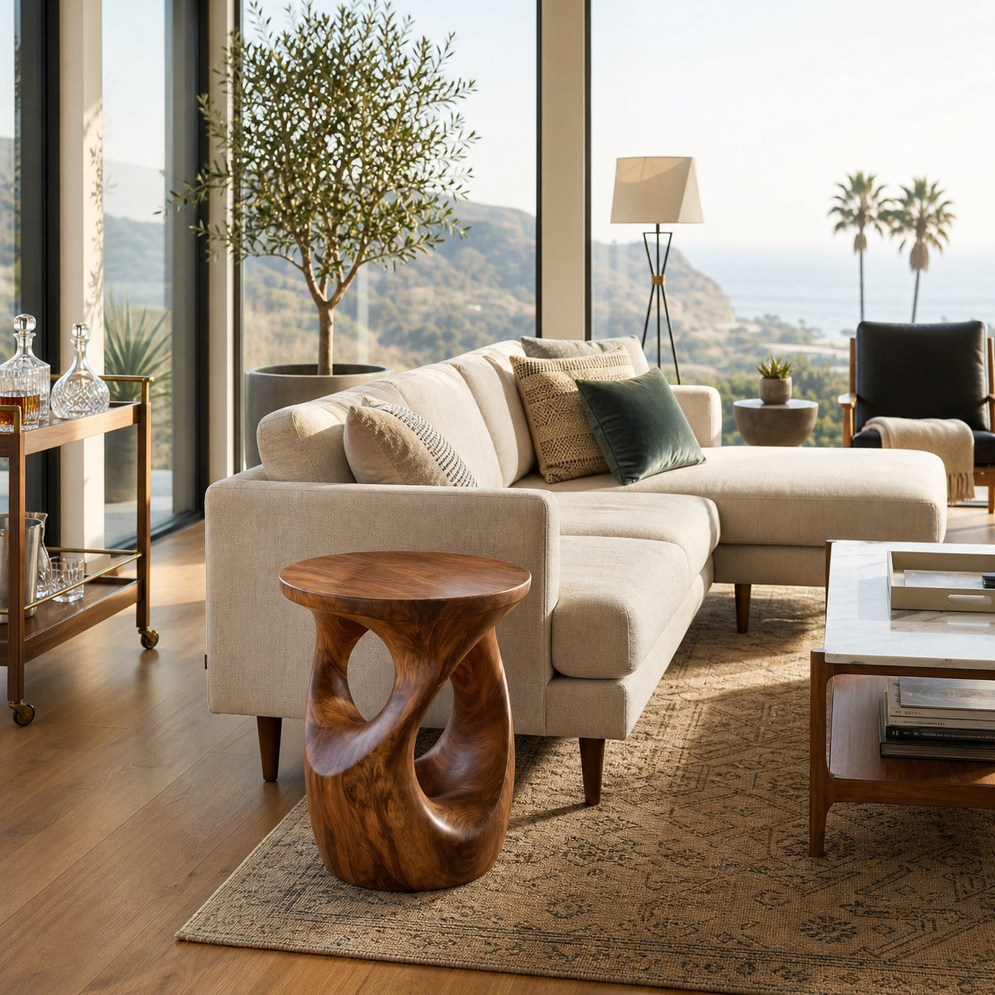 Organic Wooden Open Loop Side Table For Living Room