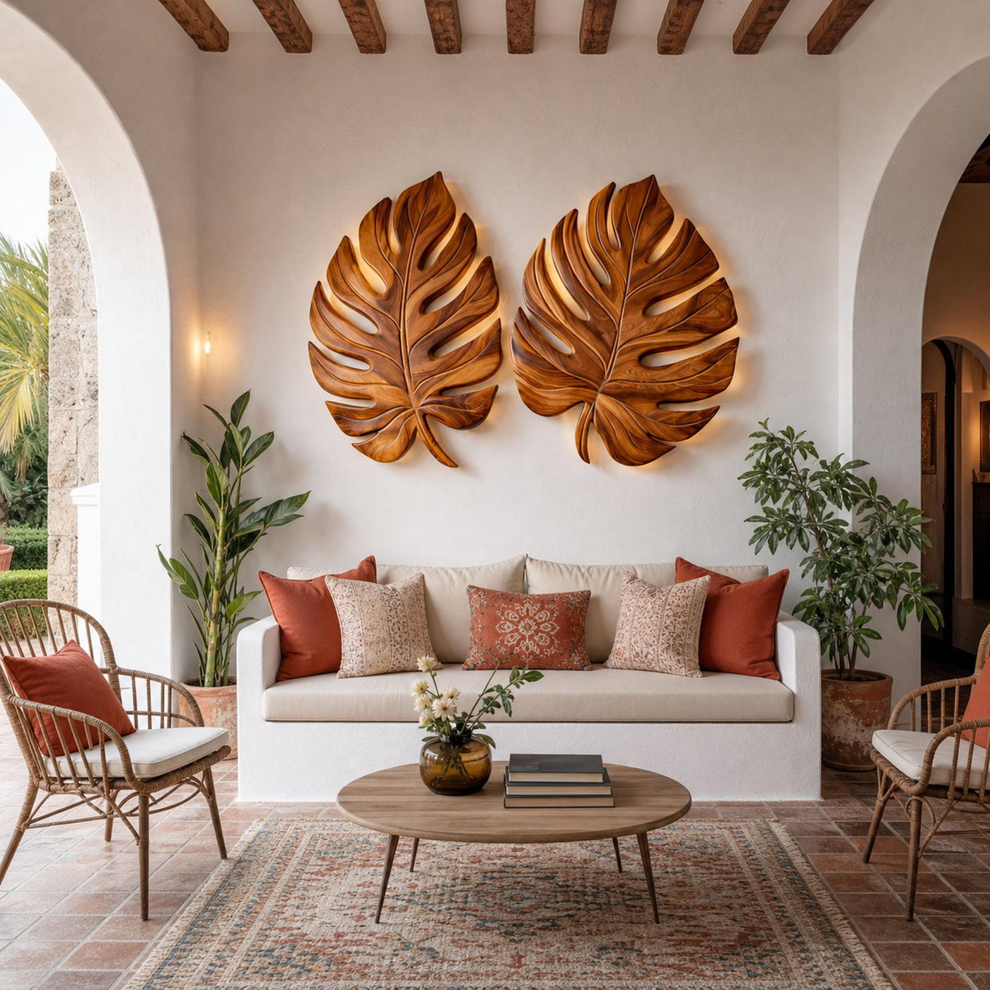 Organic Wooden Palm Leaf Wall Art For Scandinavian Interior