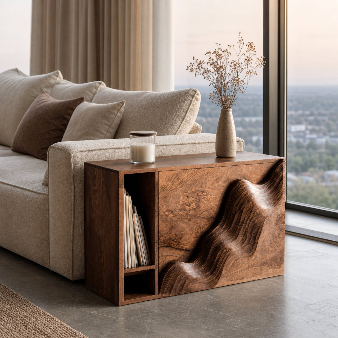 Organic Wooden Side Table With Carved Wave Front For Living
