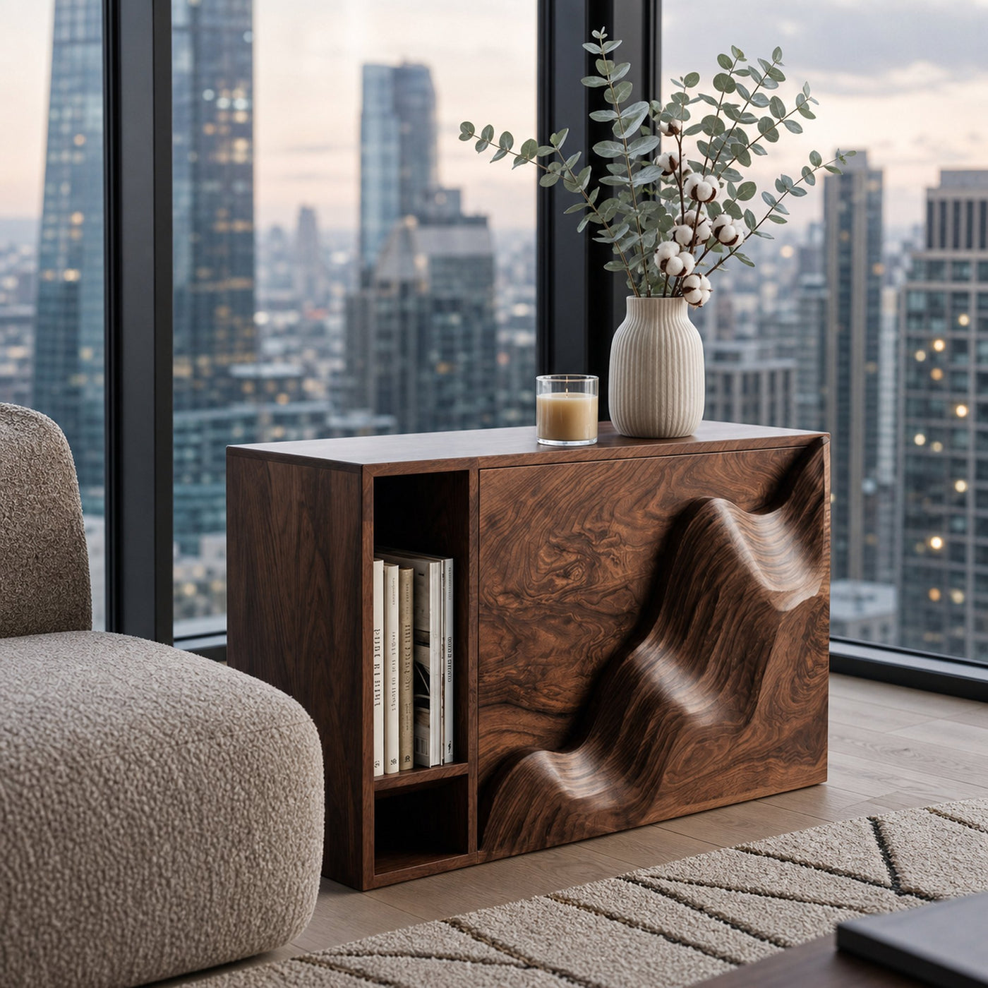 Organic Wooden Side Table With Carved Wave Front For Living - product view 6