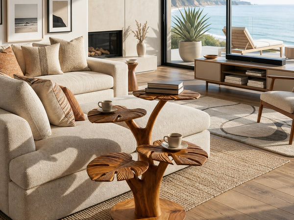 Organic Wooden Side Table With Multi-branched Tabletop For Home