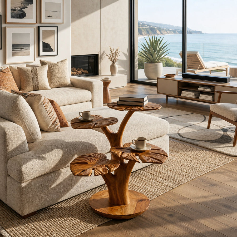 Organic Wooden Side Table With Multi-branched Tabletop For Home