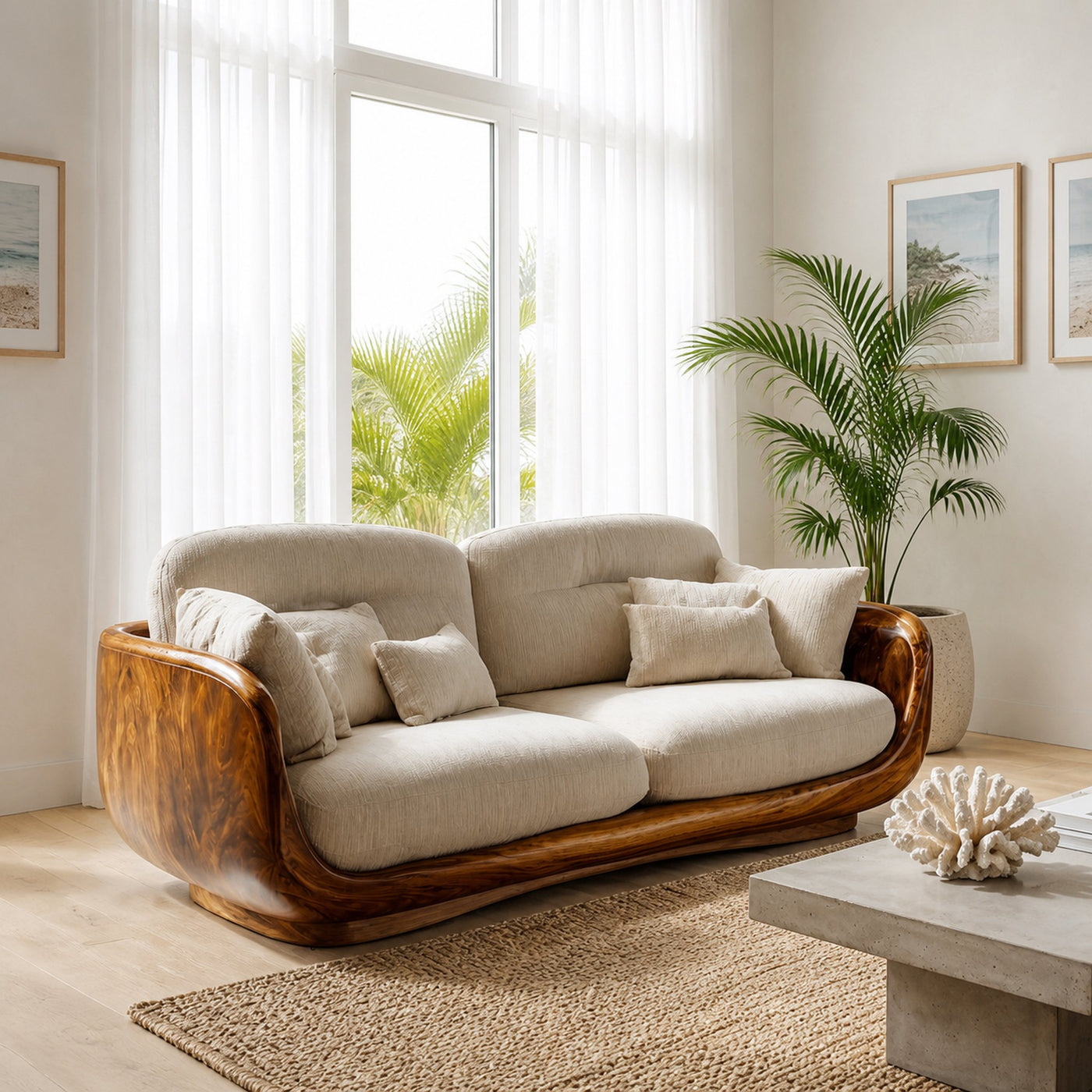 Organic Wooden Sofa With Rounded Edges For Living Room