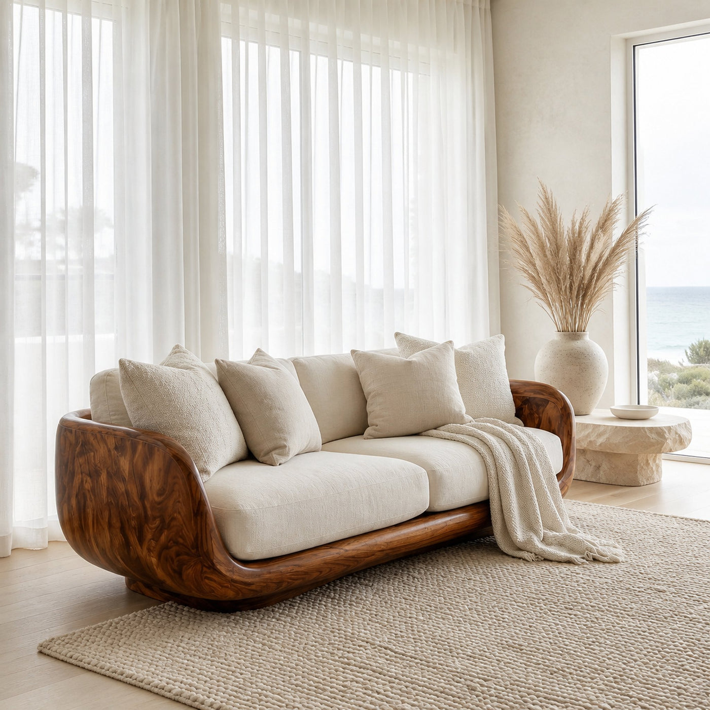 Organic Wooden Sofa With Rounded Edges For Living Room - product view 6