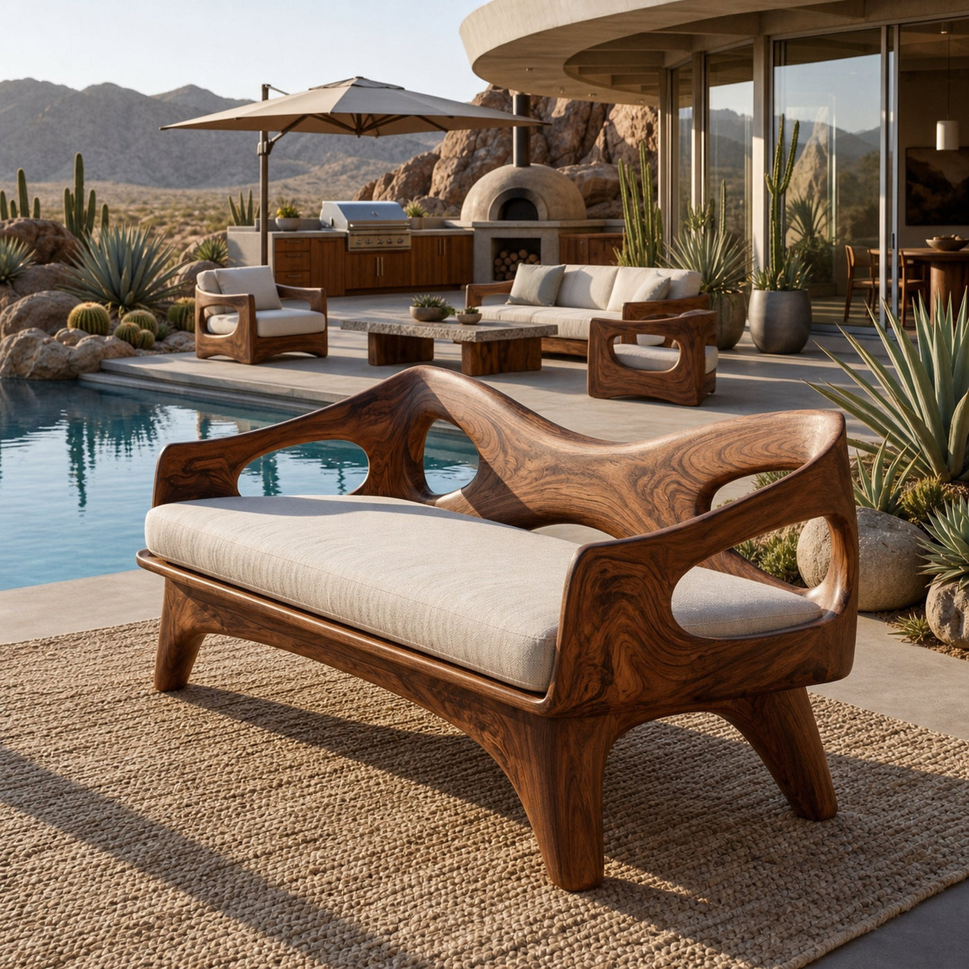 Organic Wooden Sofa With Unique Backrest For Lounge